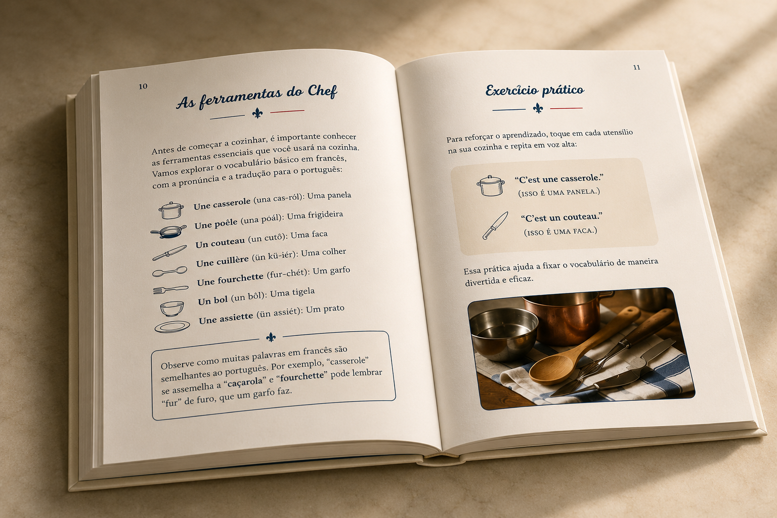 E-book Aprenda Francês Cozinhando aberto, mostrando vocabulário de utensílios em francês