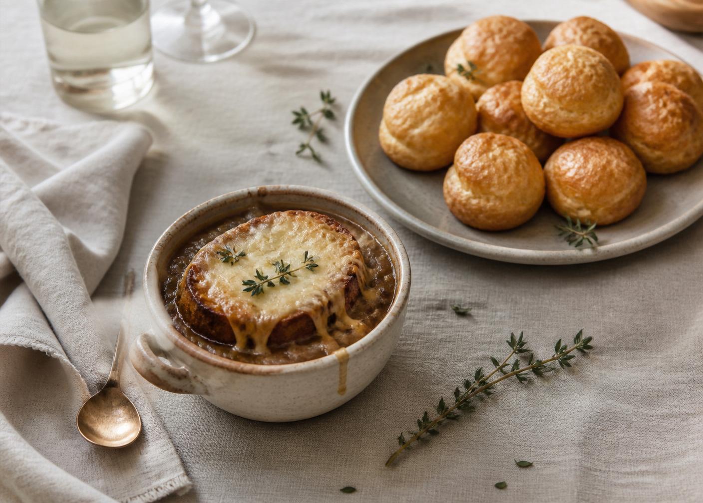 Soupe à l’oignon gratinada ao lado de um prato de gougères sobre toalha de linho